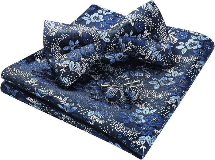 Floral Pre-Tied Bow Tie Pocket Square Cufflinks - DARK BLUE