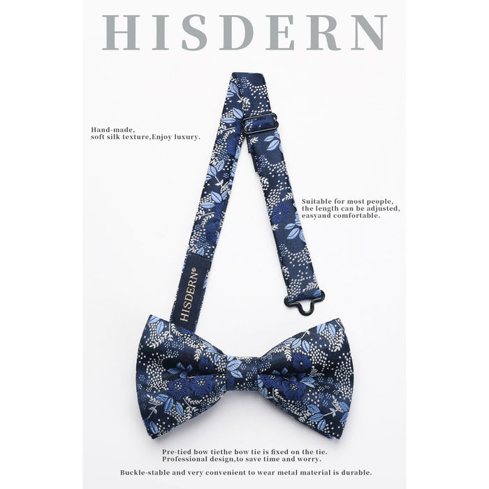 Floral Pre-Tied Bow Tie Pocket Square Cufflinks - DARK BLUE