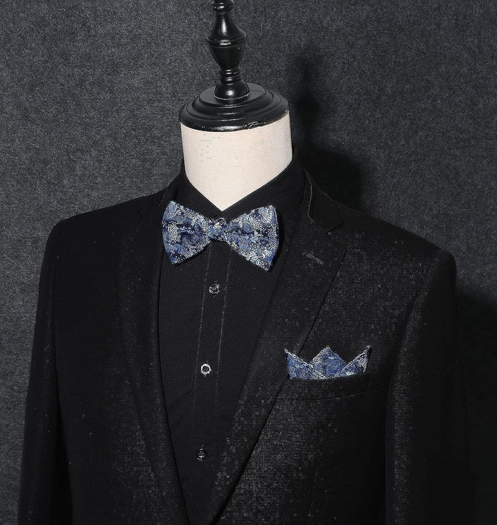 Floral Pre-Tied Bow Tie Pocket Square Cufflinks - DARK BLUE