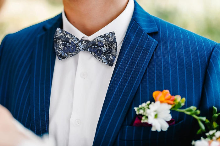 Floral Pre-Tied Bow Tie Pocket Square Cufflinks - DARK BLUE