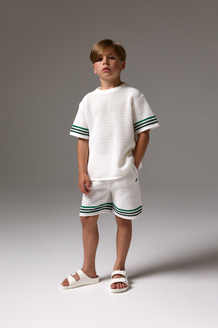 JUNIOR STRIPE CROCHET KNIT SHORTS - WHITE