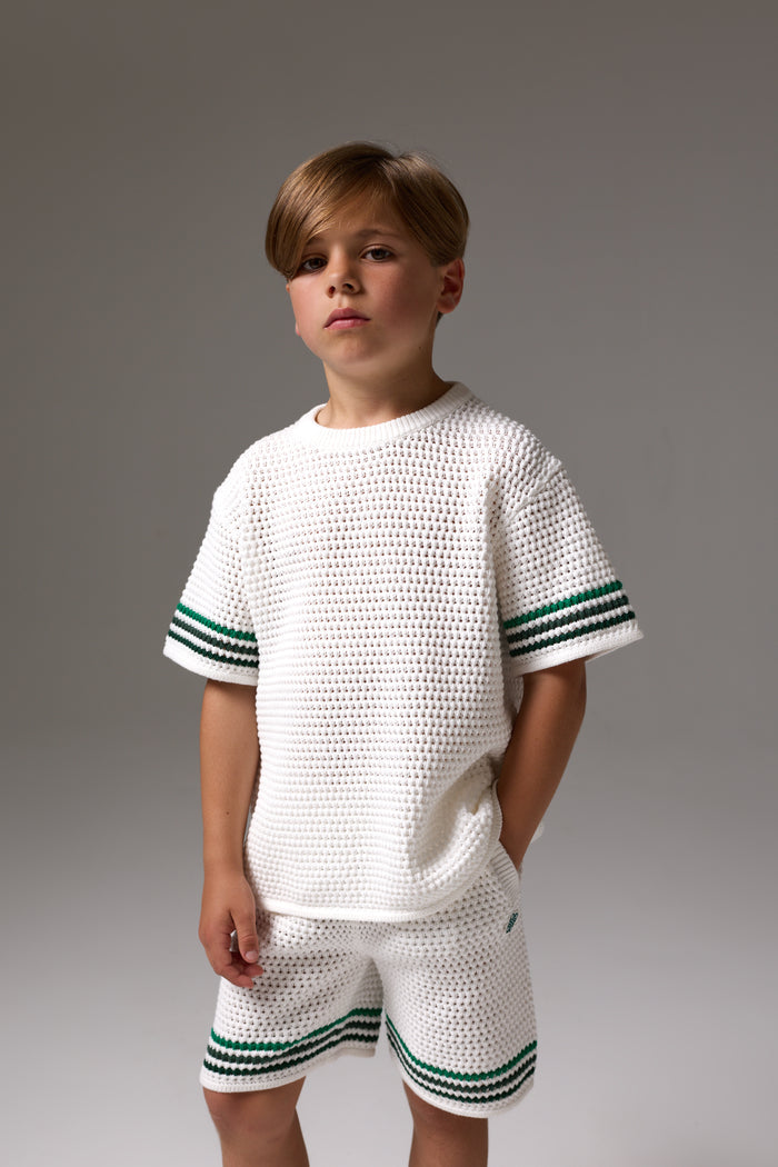 JUNIOR STRIPE CROCHET KNIT T-SHIRT - WHITE