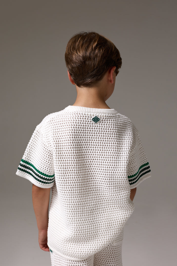 JUNIOR STRIPE CROCHET KNIT T-SHIRT - WHITE