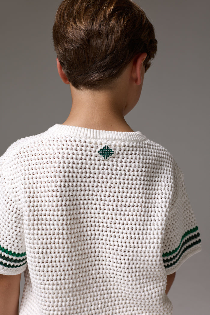 JUNIOR STRIPE CROCHET KNIT T-SHIRT - WHITE