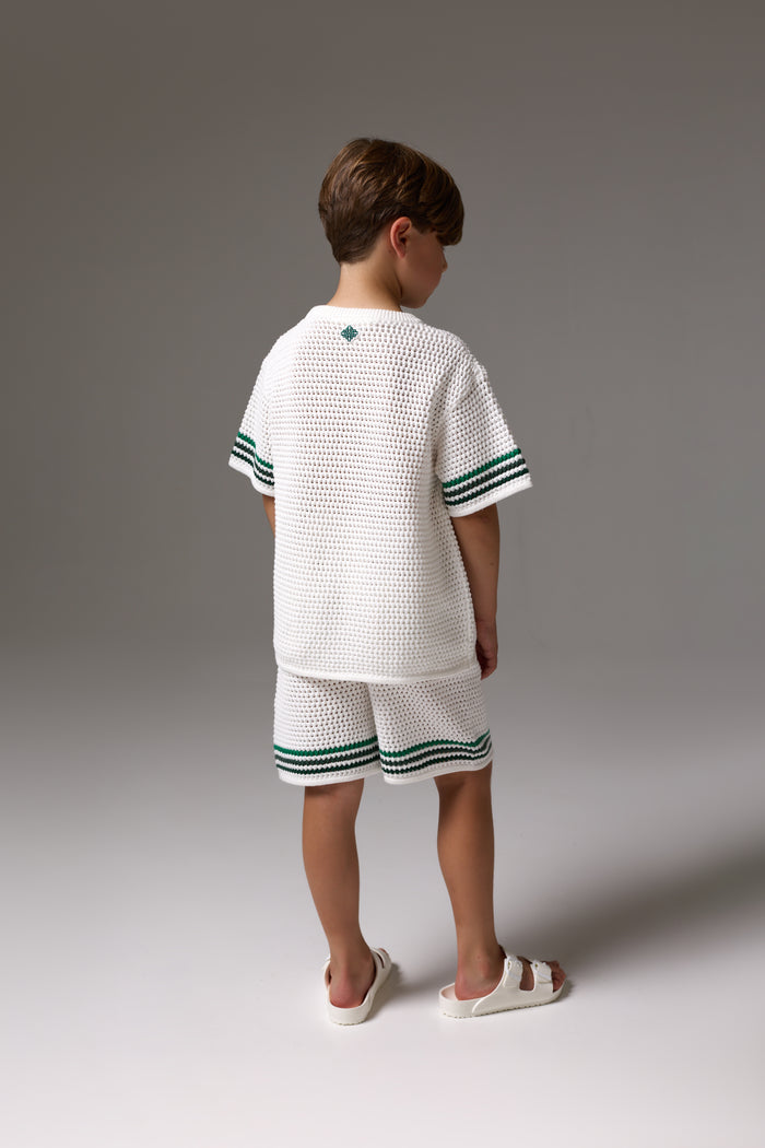 JUNIOR STRIPE CROCHET KNIT T-SHIRT - WHITE