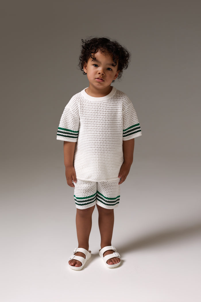 KIDS STRIPE CROCHET KNIT SHORTS - WHITE
