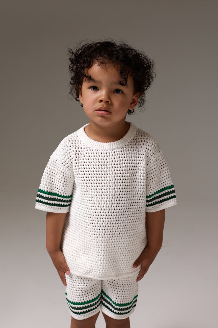 KIDS STRIPE CROCHET KNIT T-SHIRT - WHITE