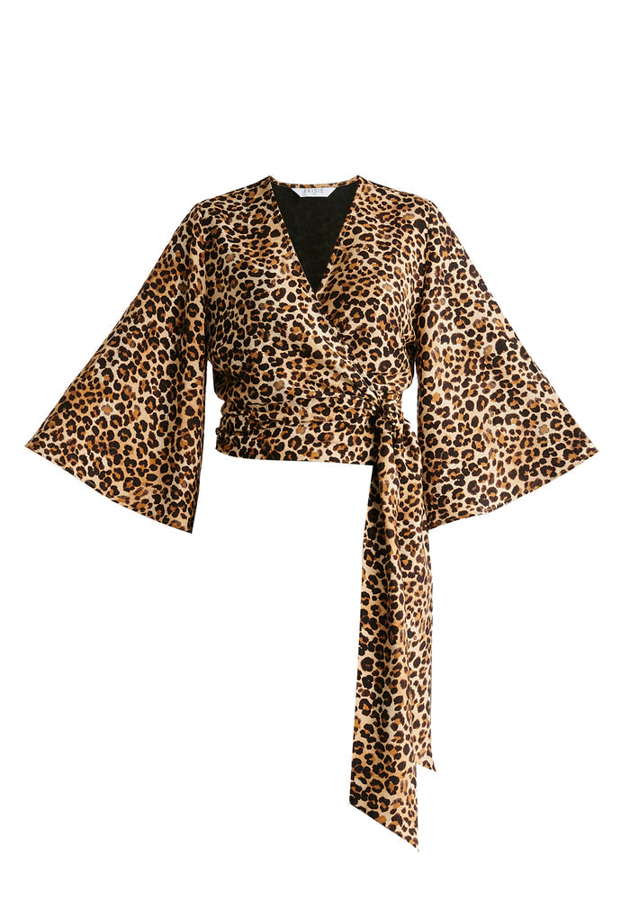 Kimono Wrap Blouse in Leopard Print Cutout