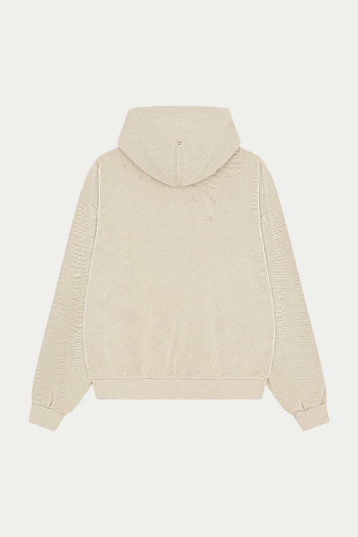 KNIT CONTRAST BINDING ZIP THROUGH HOODIE - BEIGE