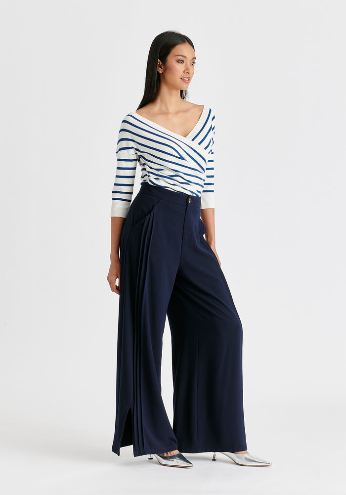 Knitted Wrap Top with 3/4 Sleeves In White and Denim Side