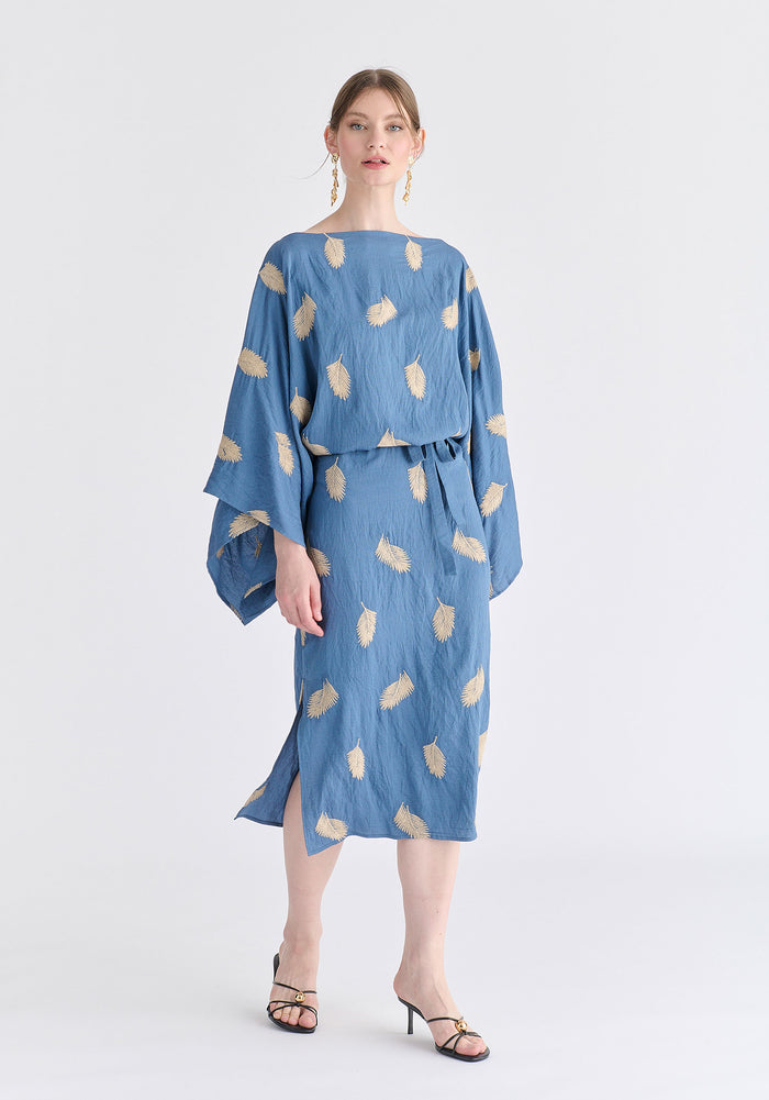 Leaf Embroidered Kimono Sleeves Midi Dress in Blue Front