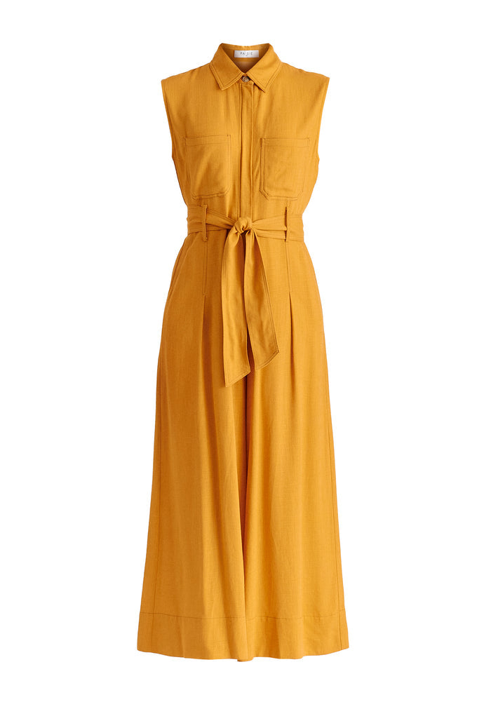 Linen Blend Jumpsuit with Stitch Details in Ochre Yellow Cutout