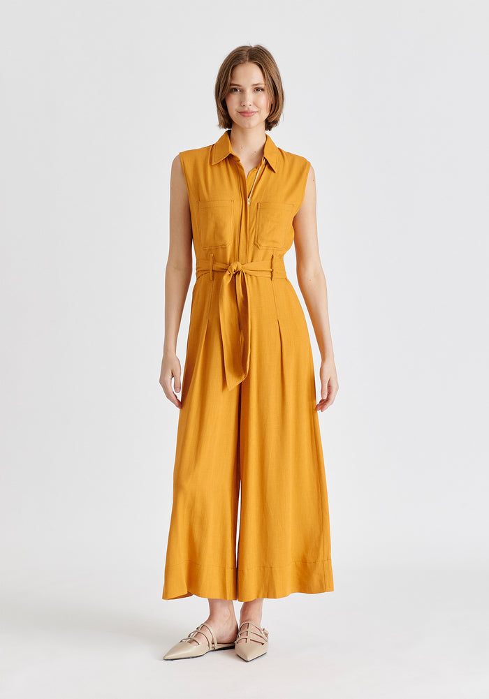 Linen Blend Jumpsuit with Stitch Details in Ochre Yellow Front