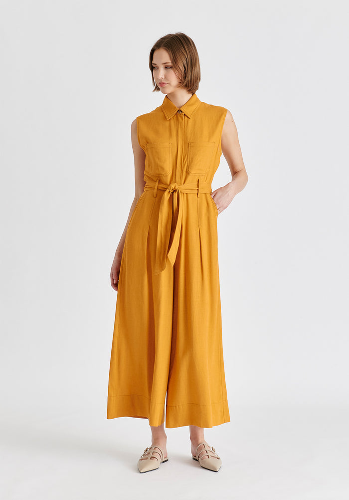 Linen Blend Jumpsuit with Stitch Details in Ochre Yellow Side