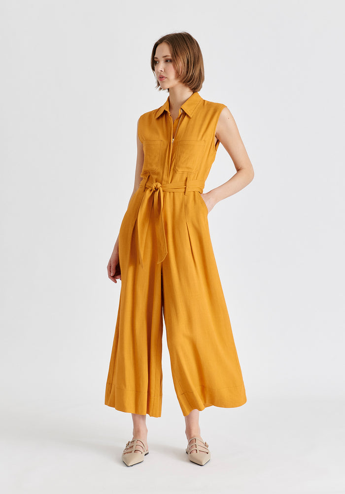 Linen Blend Jumpsuit with Stitch Details in Ochre Yellow Side