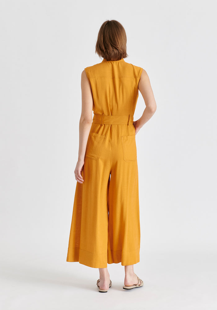 Linen Blend Jumpsuit with Stitch Details in Ochre Yellow Back