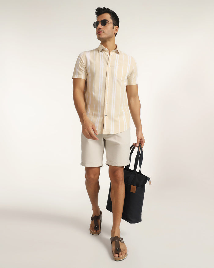 Linen Casual Beige Solid Shorts - Kat