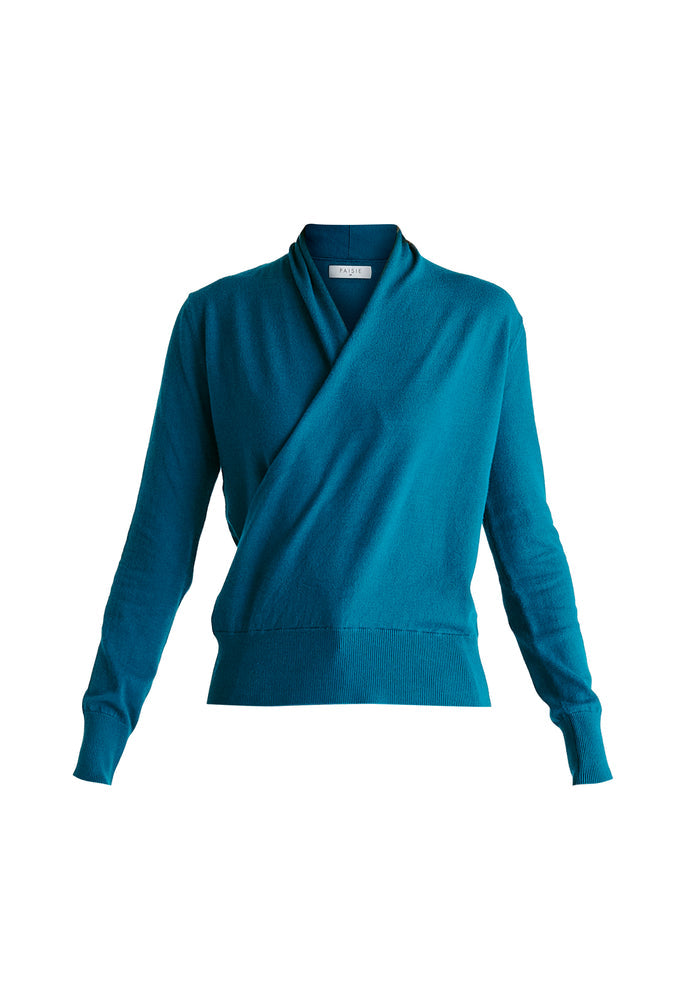 Long Sleeve Knitted Wrap Top in Turquoise Cutout
