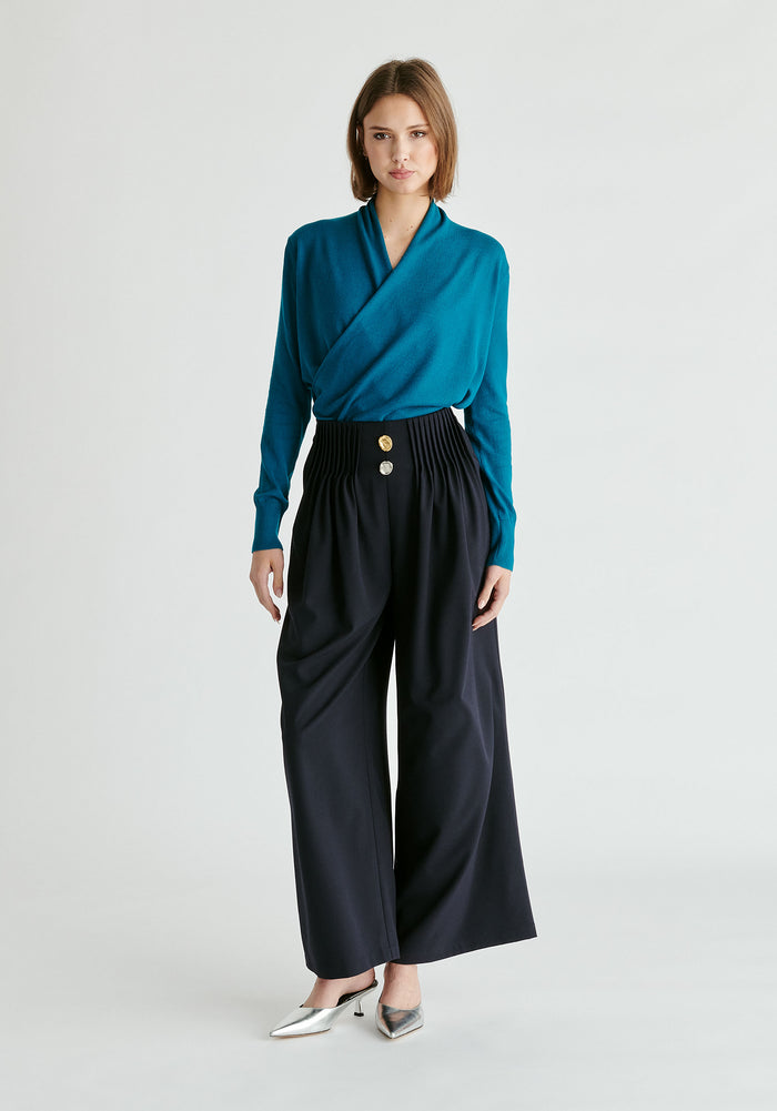 Long Sleeve Knitted Wrap Top in Turquoise Front