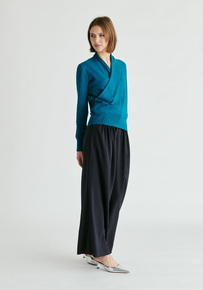 Long Sleeve Knitted Wrap Top in Turquoise Side