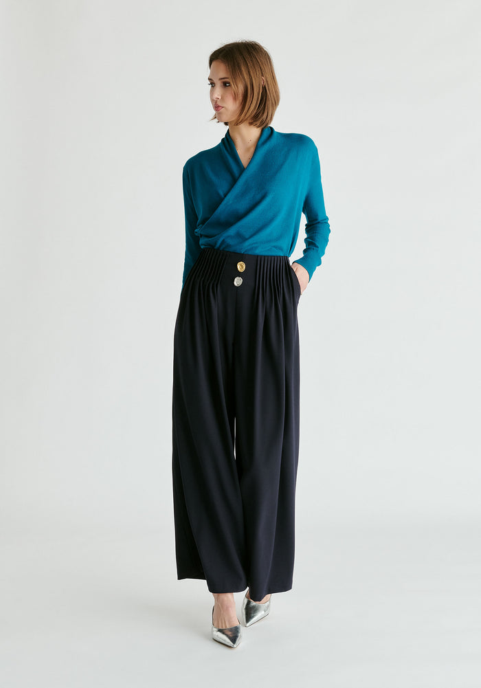 Long Sleeve Knitted Wrap Top in Turquoise Front