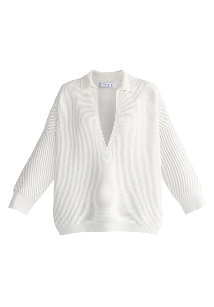 Low Cut Polo Collar Ribbed Jumper in White Cutout