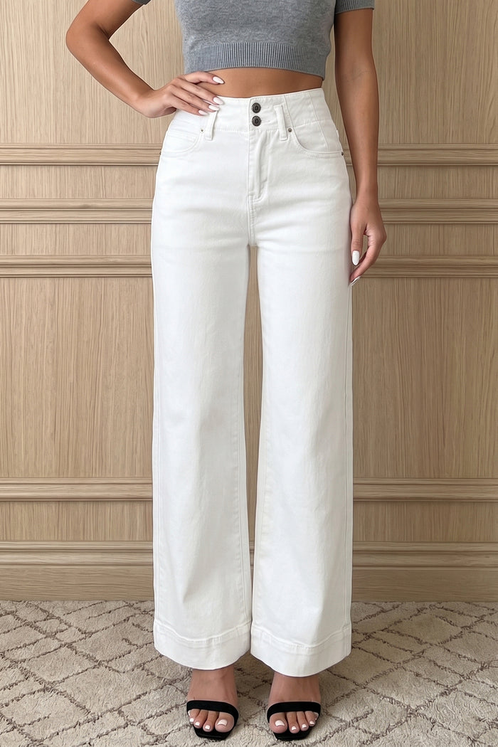 Luxe White High-Waist Wide Leg Jeans – Double Button Stretch Denim
