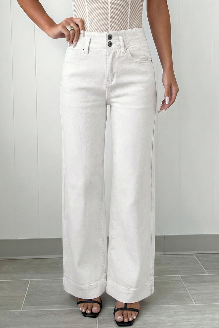 Luxe White High-Waist Wide Leg Jeans – Double Button Stretch Denim