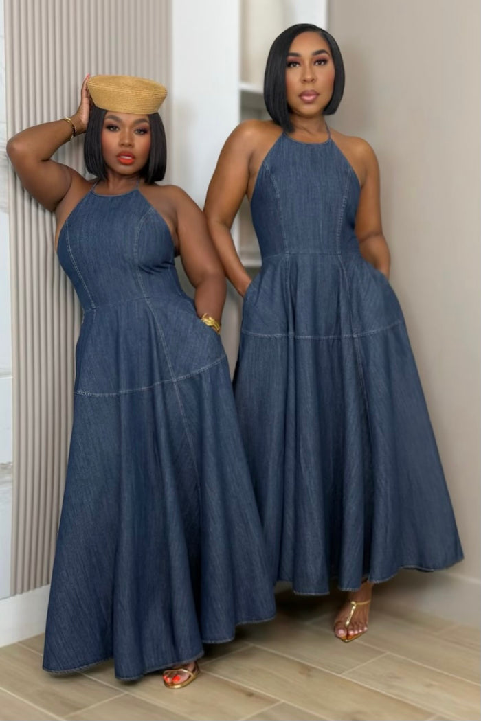 Marielle Denim Maxi Dress Preorder Ships 8/16