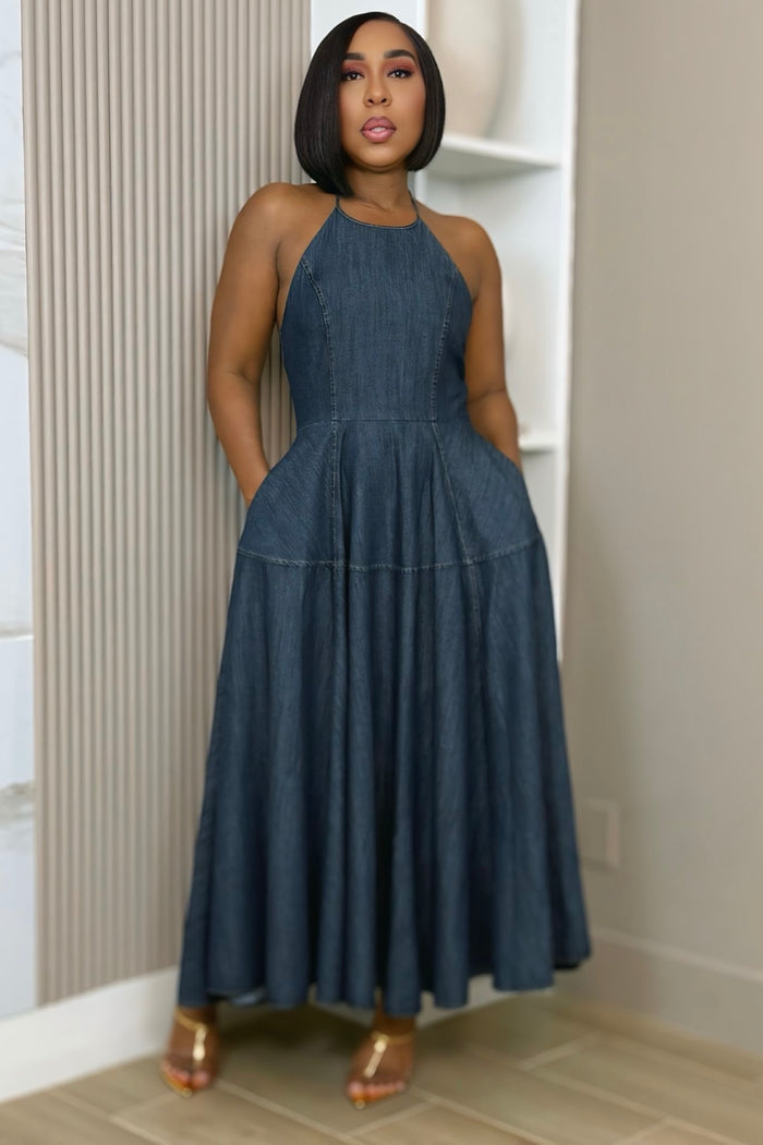 Marielle Denim Maxi Dress Preorder Ships 8/16