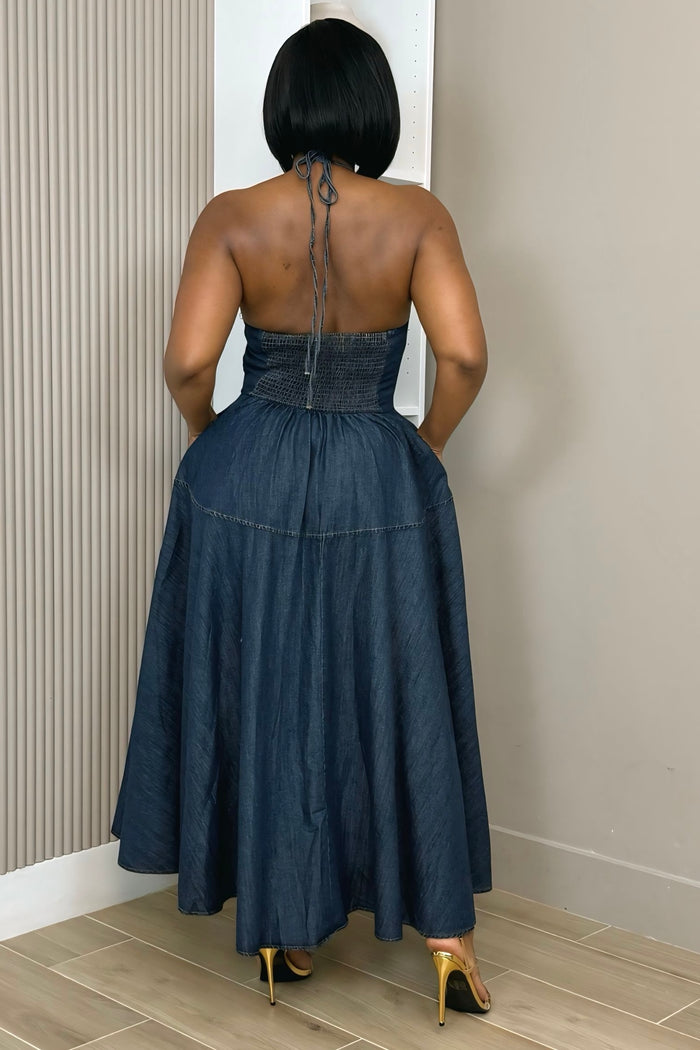 Marielle Denim Maxi Dress Preorder Ships 8/16
