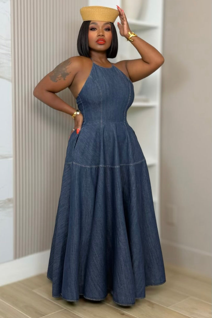 Marielle Denim Maxi Dress Preorder Ships 8/16