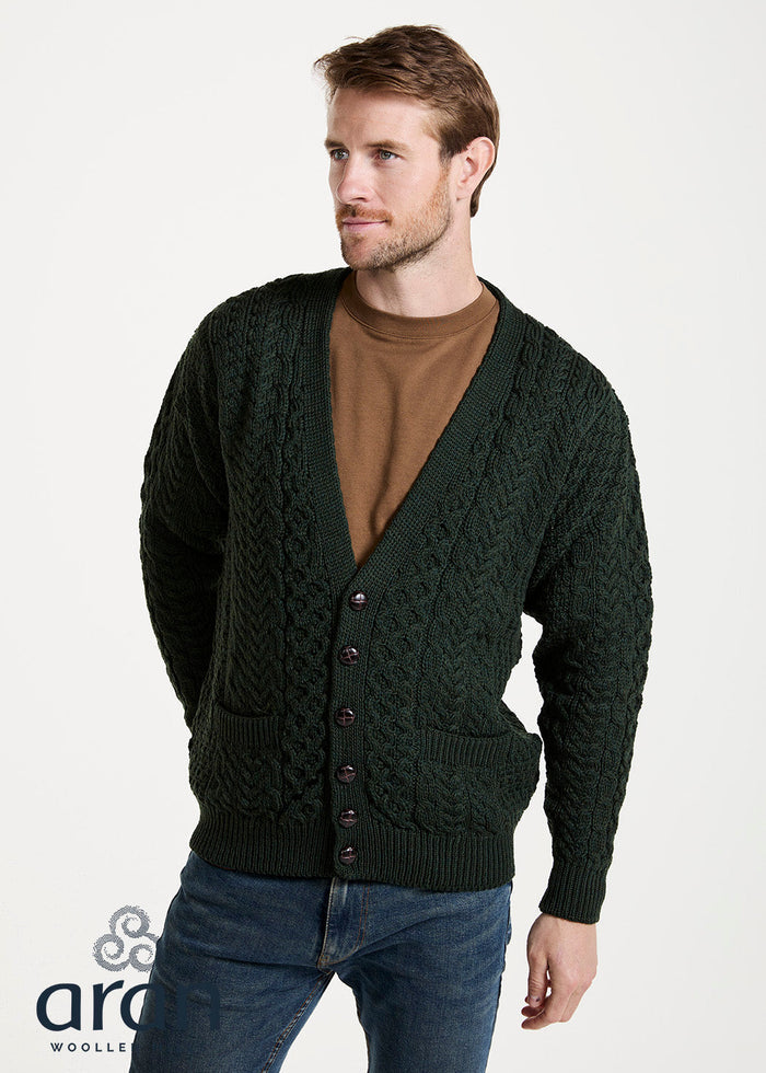 Mens Merino Wool V Aran Cardigan - Green