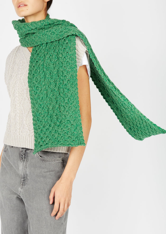 Merino Aran Scarf - Green Marl