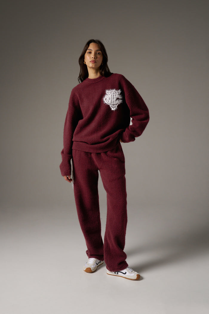 MONOGRAM FLUFFY KNIT JOGGERS - BURGUNDY