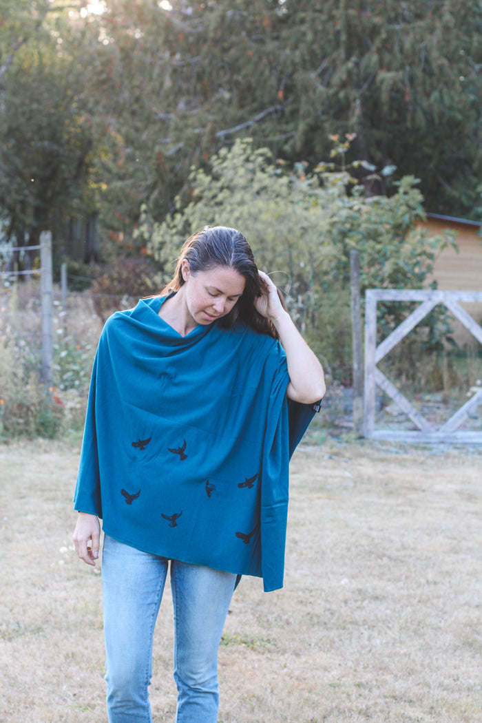 Moroccan Blue Poncho with Birds Print
