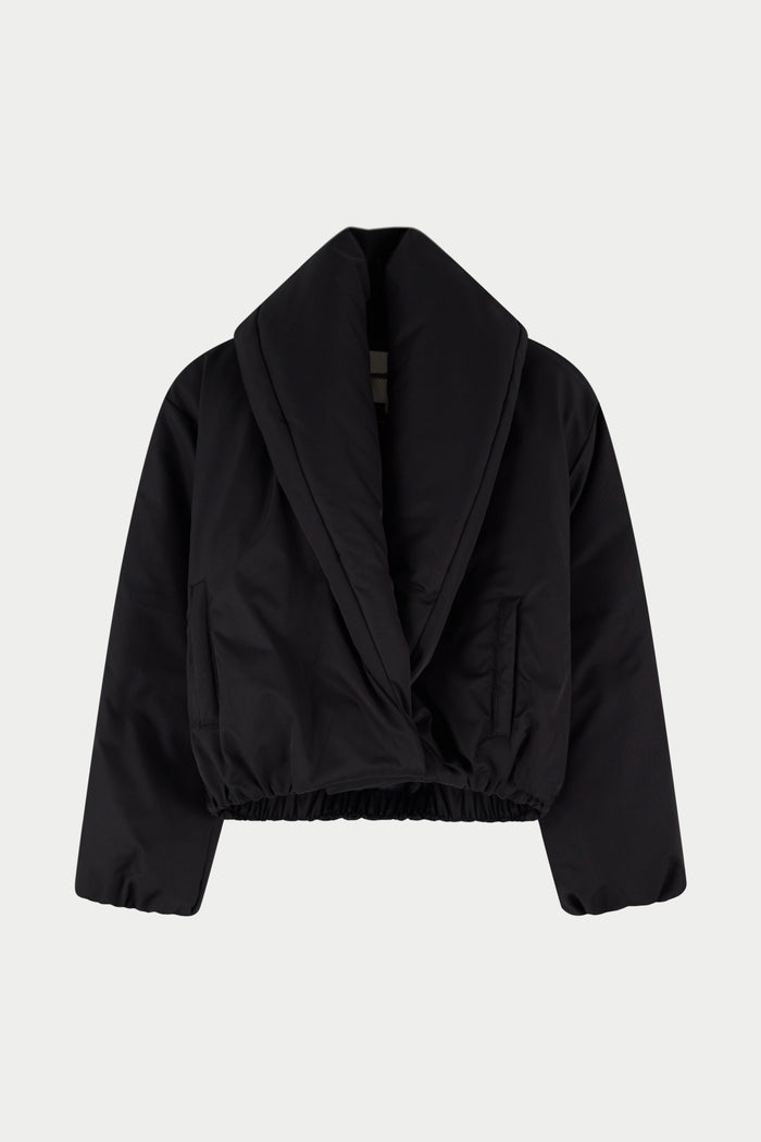 OVERSIZED COLLAR NYLON PUFFER COAT - BLACK