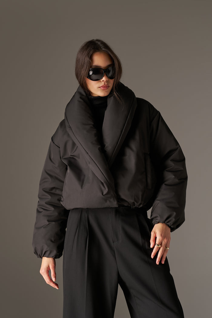 OVERSIZED COLLAR NYLON PUFFER COAT - BLACK