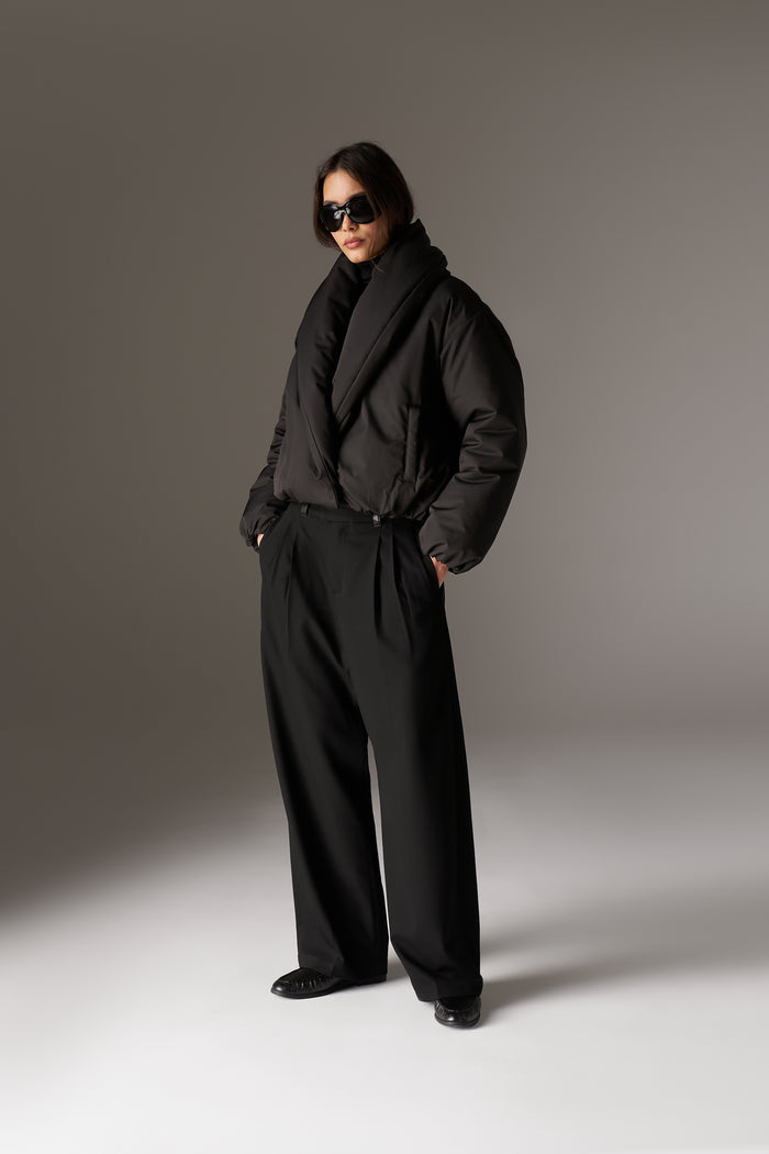 OVERSIZED COLLAR NYLON PUFFER COAT - BLACK