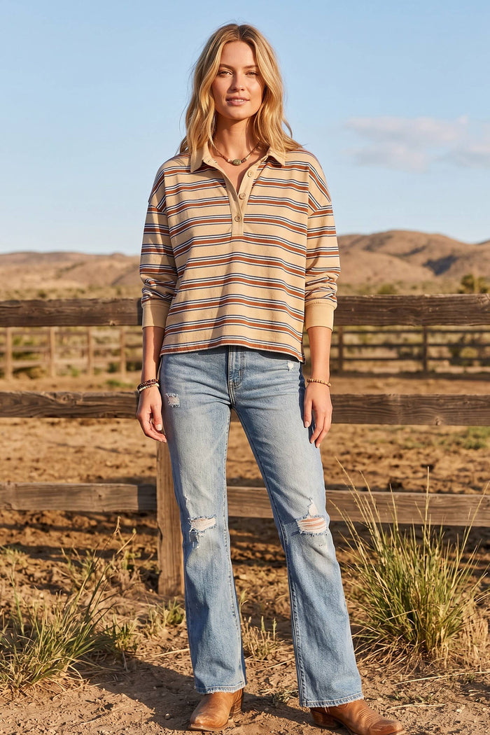 Oversized Striped Lightweight Polo Top