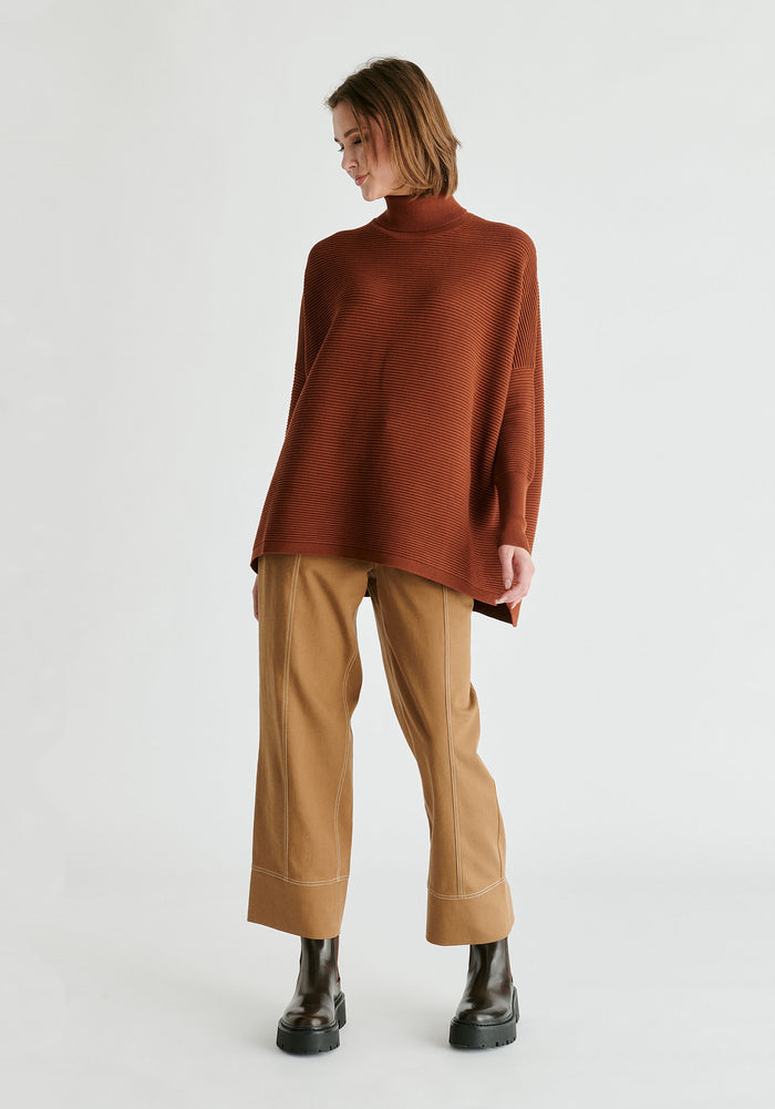 Paisie Turtleneck Ribbed Jumper in Brown Front
