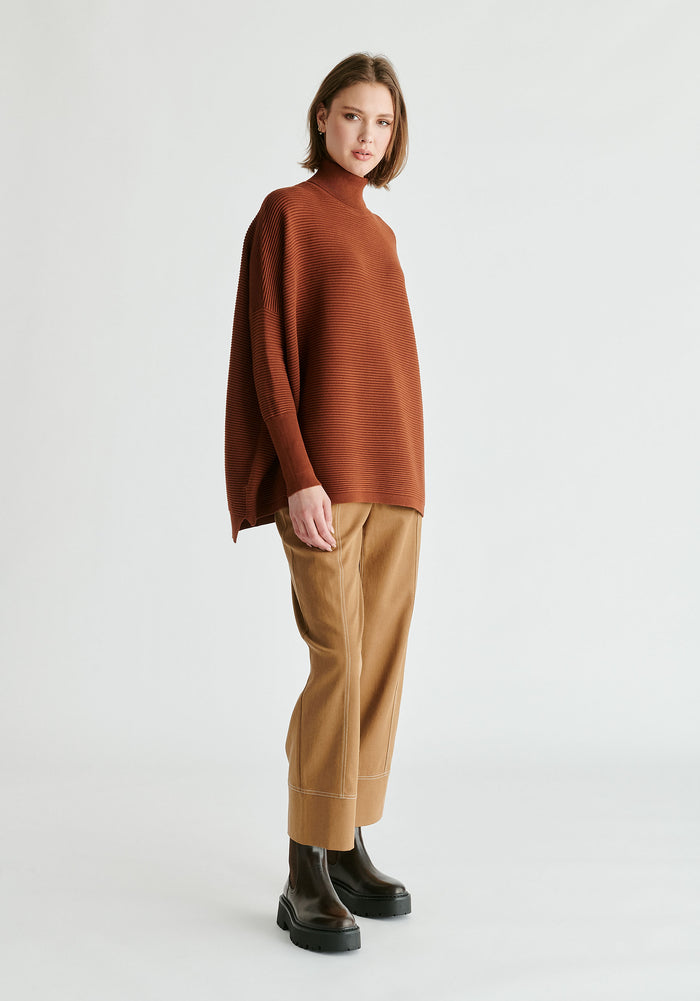 Paisie Turtleneck Ribbed Jumper in Brown Side