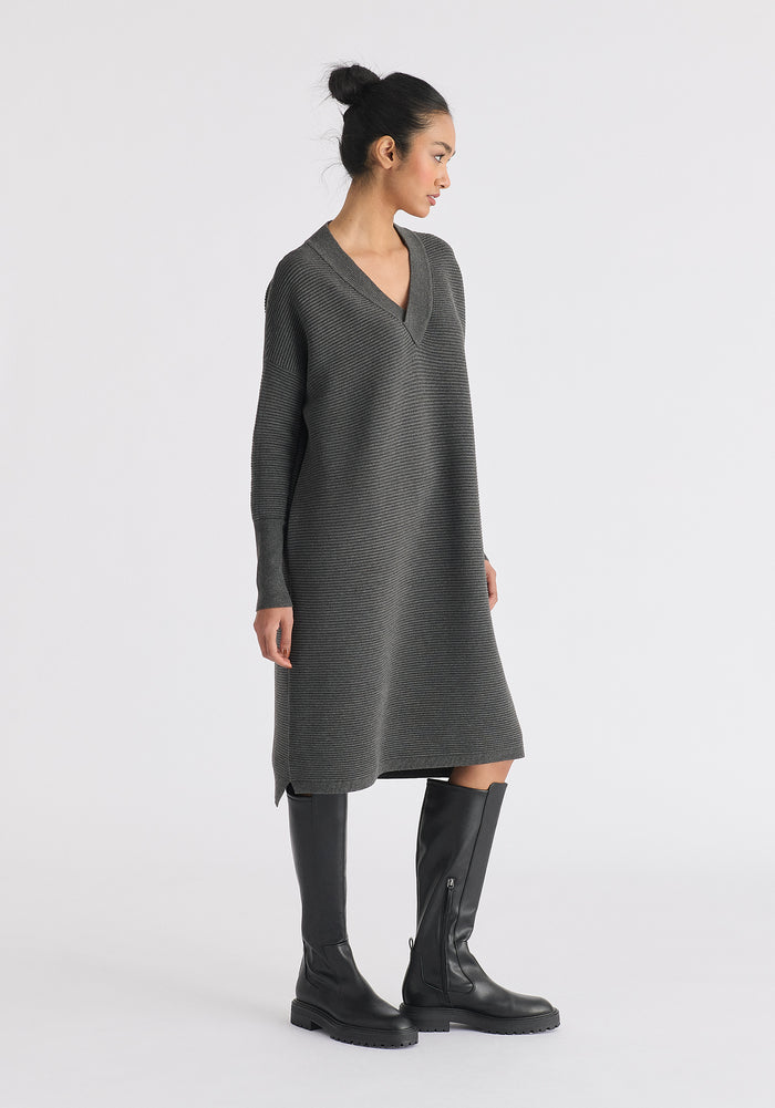 Paisie V-Neck Ribbed Jumper Dress in Dark Grey Side