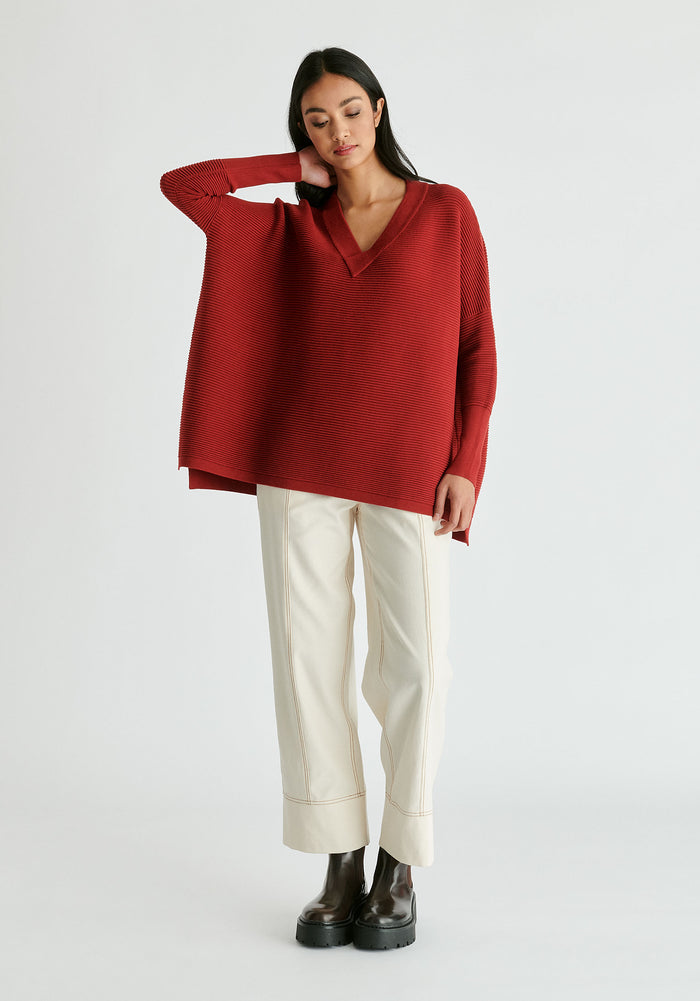 Paisie V-Neck Ribbed Jumper in Red  Front