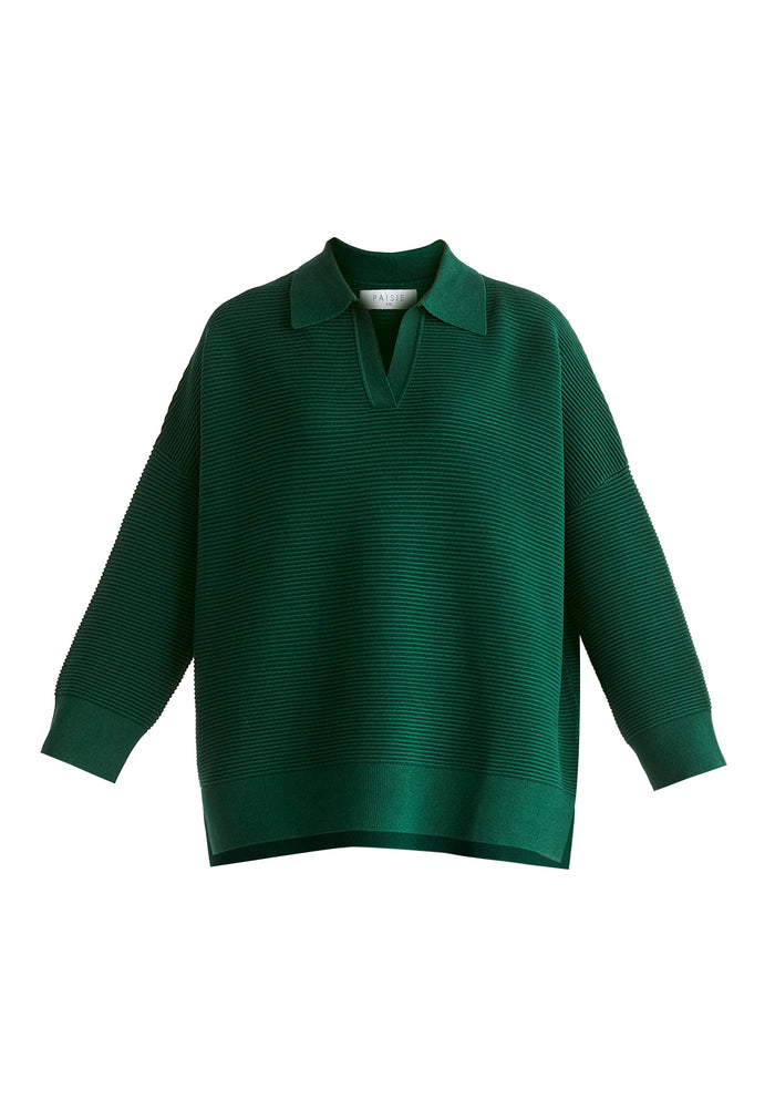 Polo Collar Ribbed Jumper in Dark Green Cutout