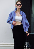 Puff Sleeve Shirt with Ruffled Collar in Blue Stripes Photoshoot