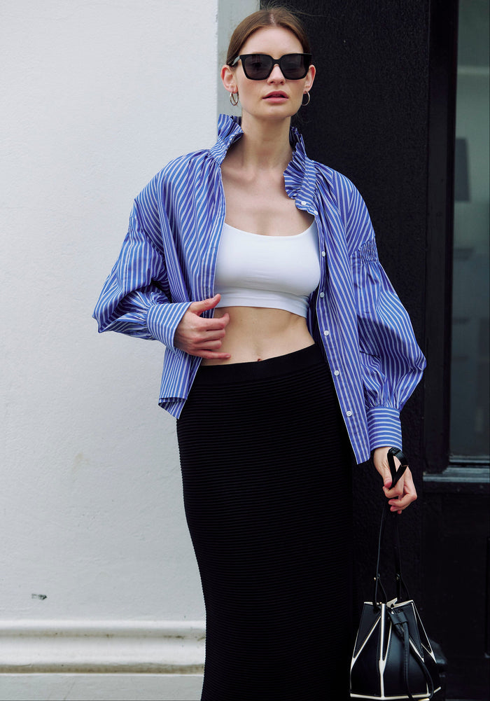 Puff Sleeve Shirt with Ruffled Collar in Blue Stripes Photoshoot