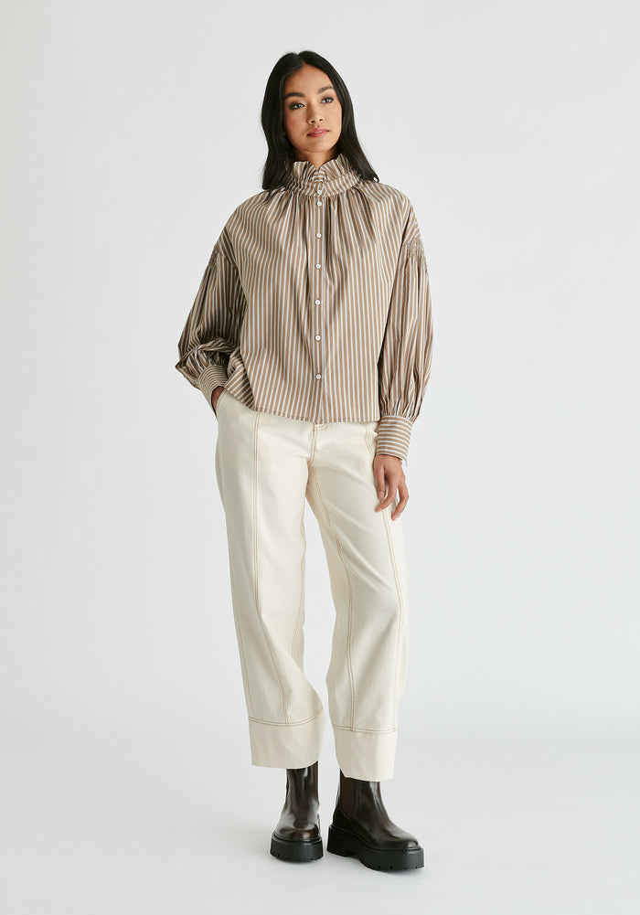 Puff Sleeve Shirt with Ruffled Collar in Khaki Stripes Front