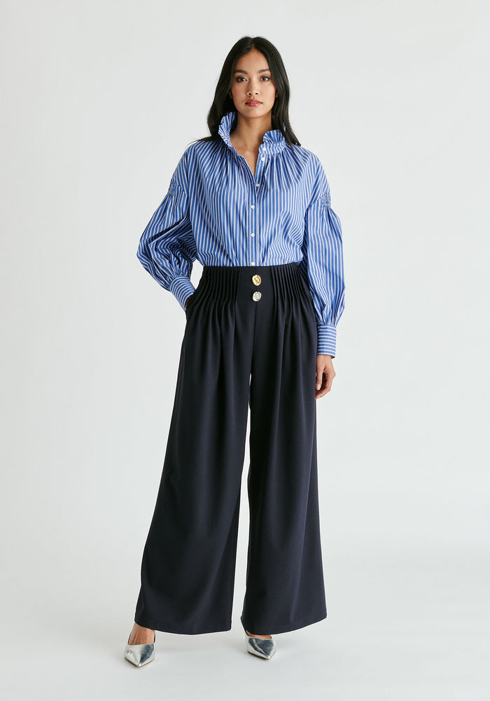 Puff Sleeve Shirt with Ruffled Collar in Blue Stripes Front
