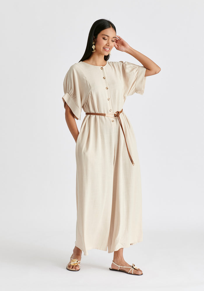 Relaxed Fit Wide Leg Jumpsuit with Belt in Oatmeal Side